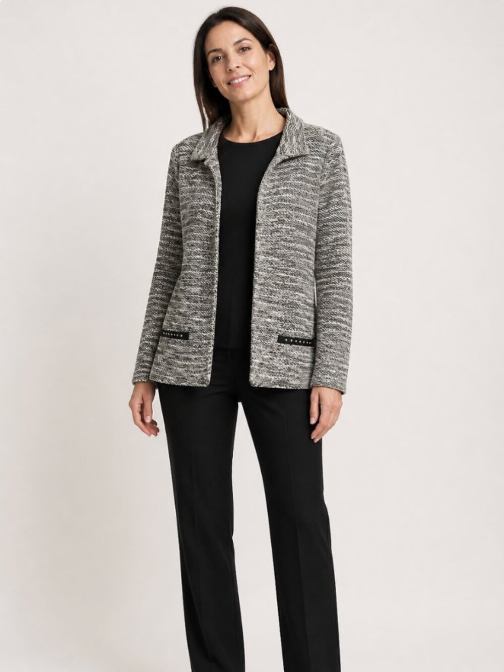 Black-and-white textured knit open blazer from Maison Scotch